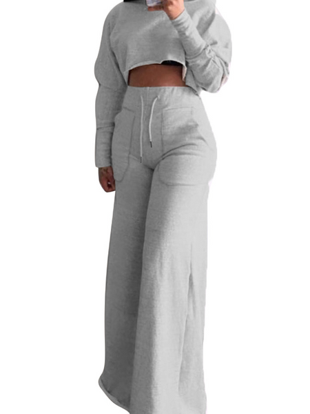 Asia Cropped Long Sleeve Top and Wide Leg Pants 2-Pc Set