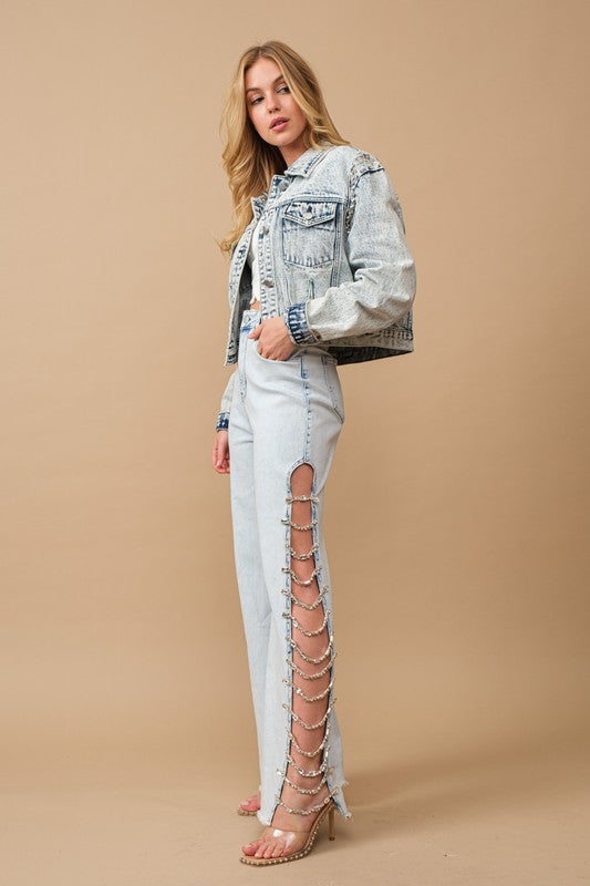 Victoria Cut Out Jewel Trim Stretch Denim Jeans