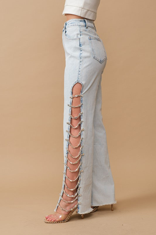 Victoria Cut Out Jewel Trim Stretch Denim Jeans