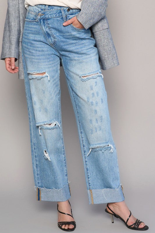 High Waist Crossover Ripped Straight Jeans