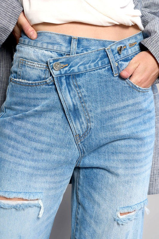 High Waist Crossover Ripped Straight Jeans