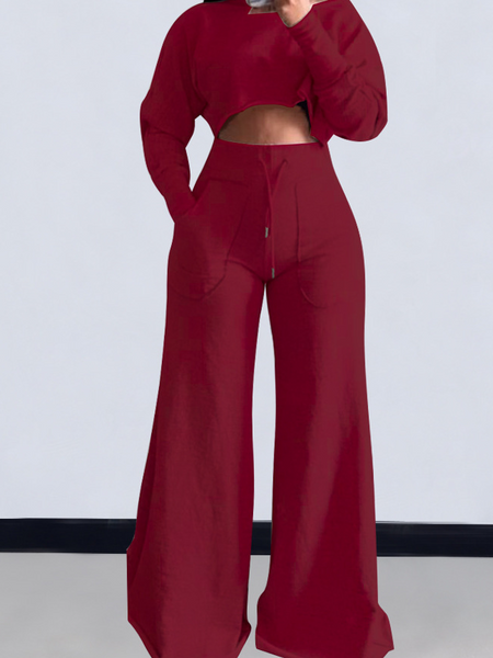 Asia Cropped Long Sleeve Top and Wide Leg Pants 2-Pc Set