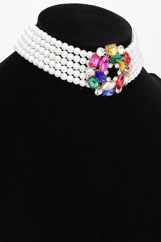 Crystal Pearl Choker Statement Necklace