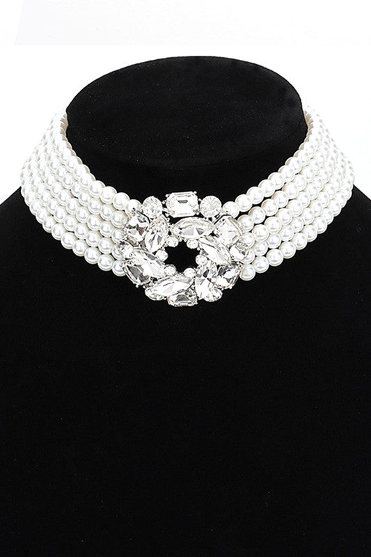 Crystal Pearl Choker Statement Necklace