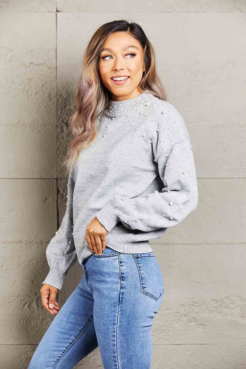 Jazz Pearl Dropped Shoulder Ribbed Trim Sweater