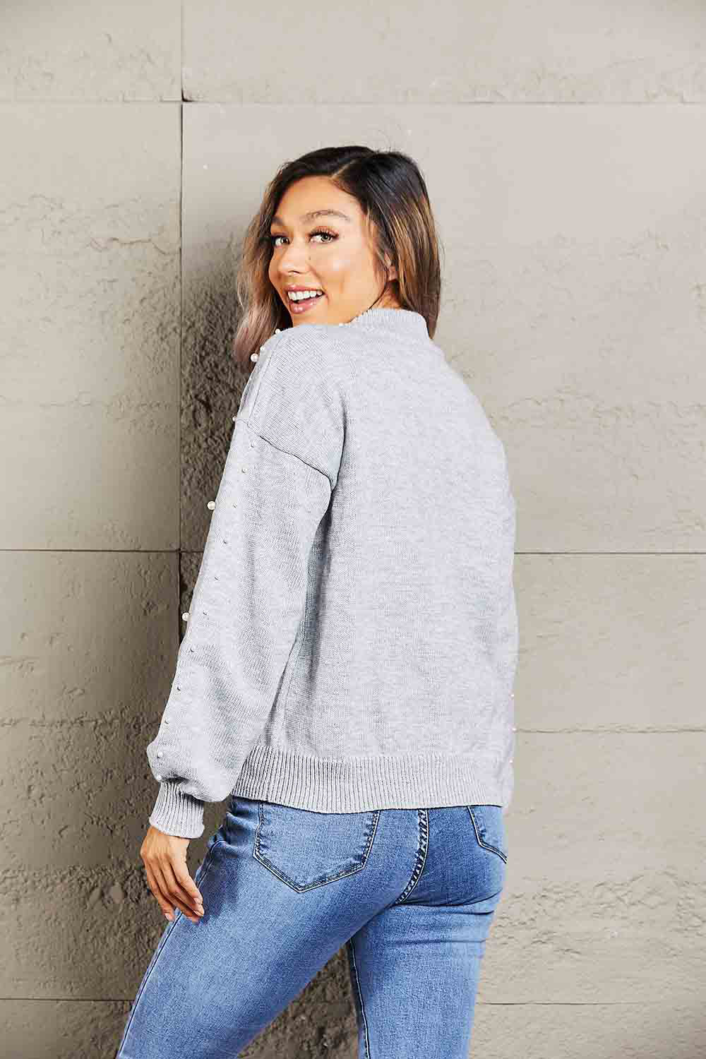 Jazz Pearl Dropped Shoulder Ribbed Trim Sweater
