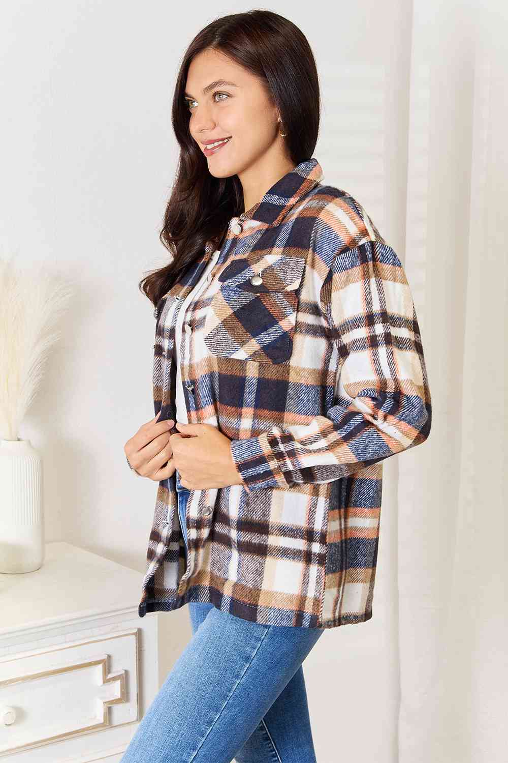 Lindsey Plaid Button Front Shirt Jacket with Breast Pockets