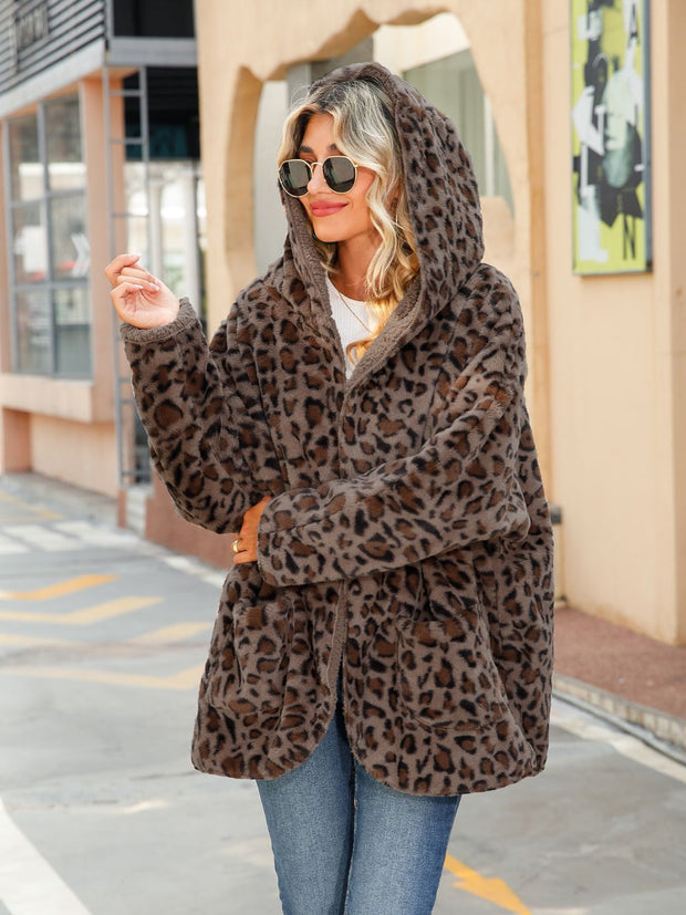 Camila Leopard Hooded Coat with Pockets