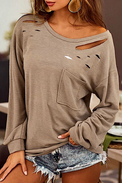 Audra Distressed Pocketed Round Neck Long  Sleeve T-Shirt