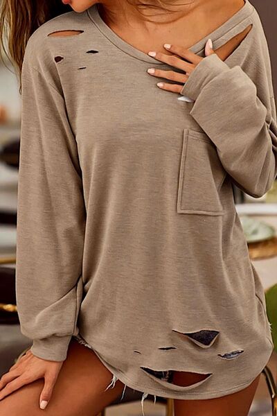 Audra Distressed Pocketed Round Neck Long  Sleeve T-Shirt